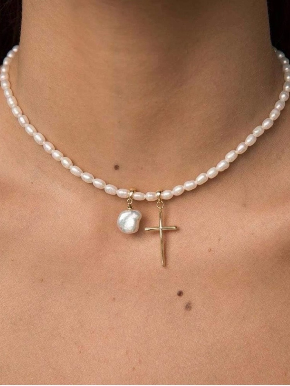 YorzAhar Pearl Choker with Gold Cross and Pearl Charm